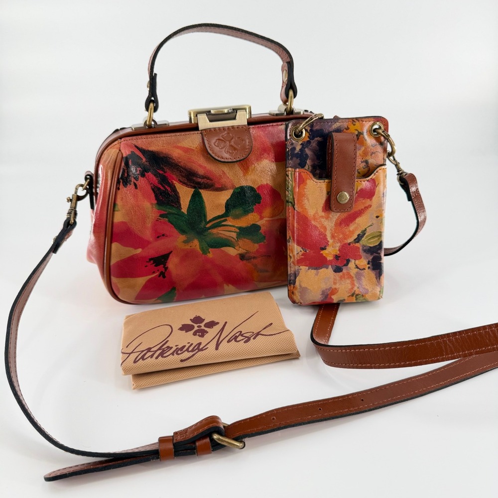 PATRICIA NASH Noelle Farleigh Floral Oil Painting Leather Satchel Crossbody Set